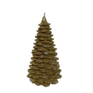 Gold Christmas Tree Candle Glitter Holiday Unused 4.5” x 7” Snow Tipped Branches